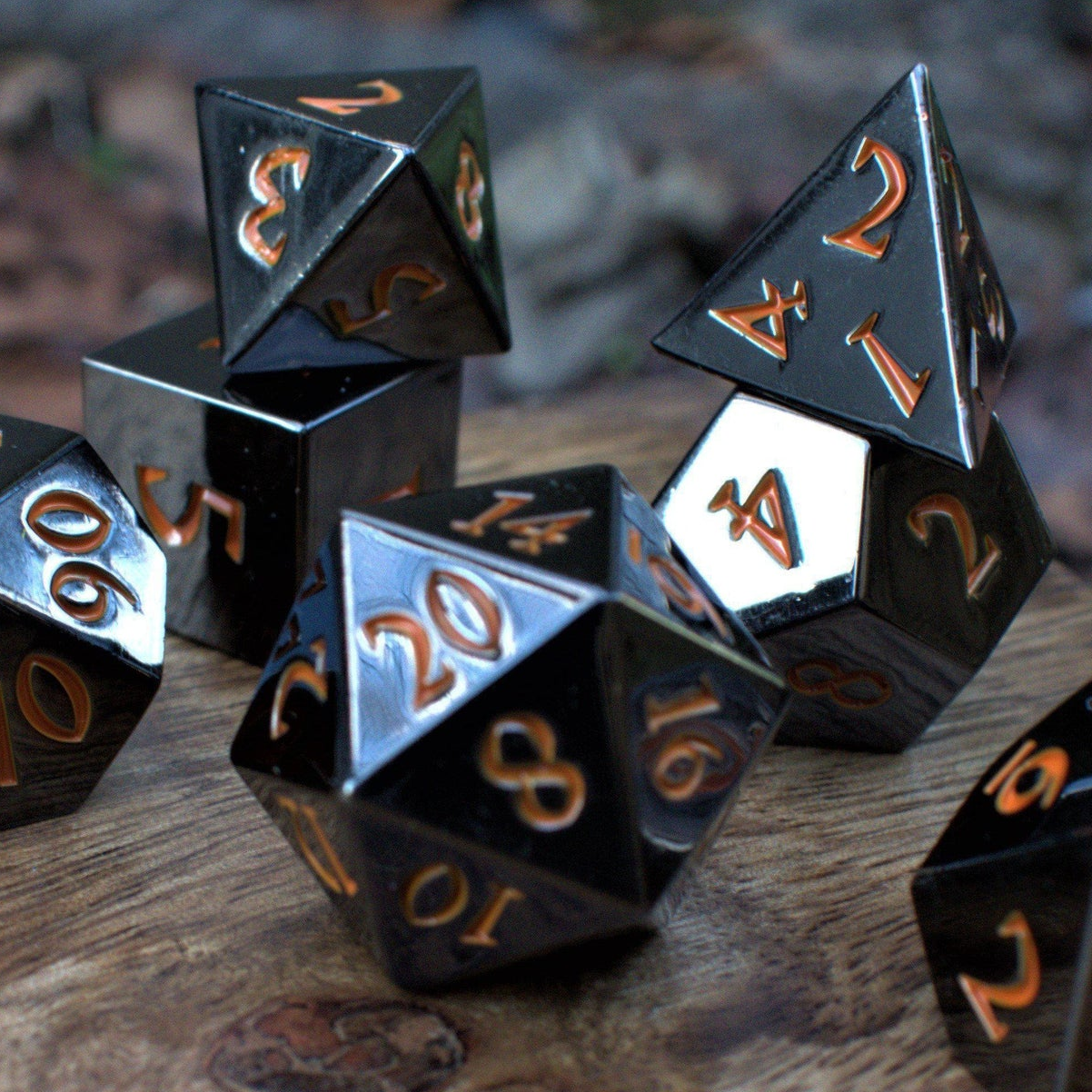 Black and Orange Sharp-Edged Metal Dice Set | Metal | Wiccan Center
