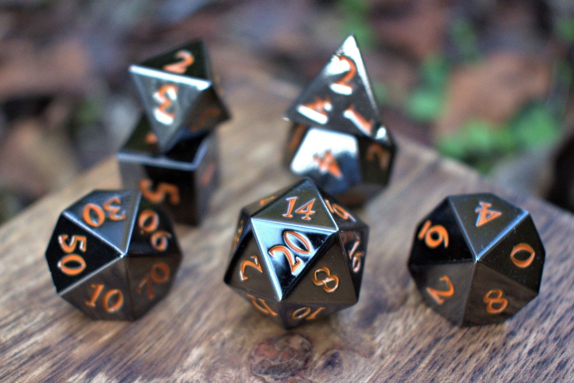 Black and Orange Sharp-Edged Metal Dice Set | Metal | Wiccan Center