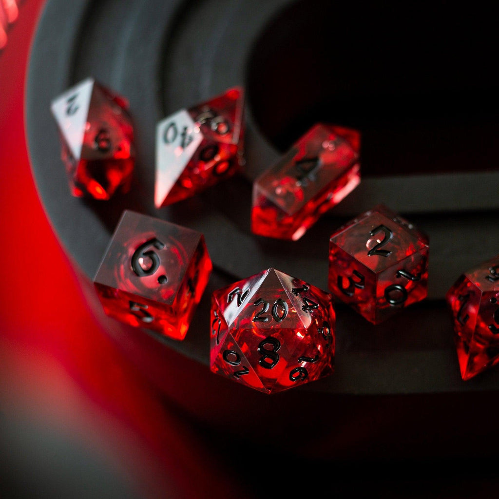 Blood Red Glitter Liquid Core Handmade Resin DND Dice Set | Liquid Core Dice | Wiccan Center