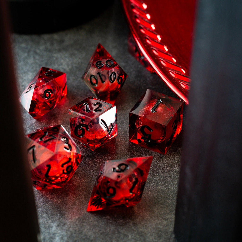 Blood Red Glitter Liquid Core Handmade Resin DND Dice Set | Liquid Core Dice | Wiccan Center