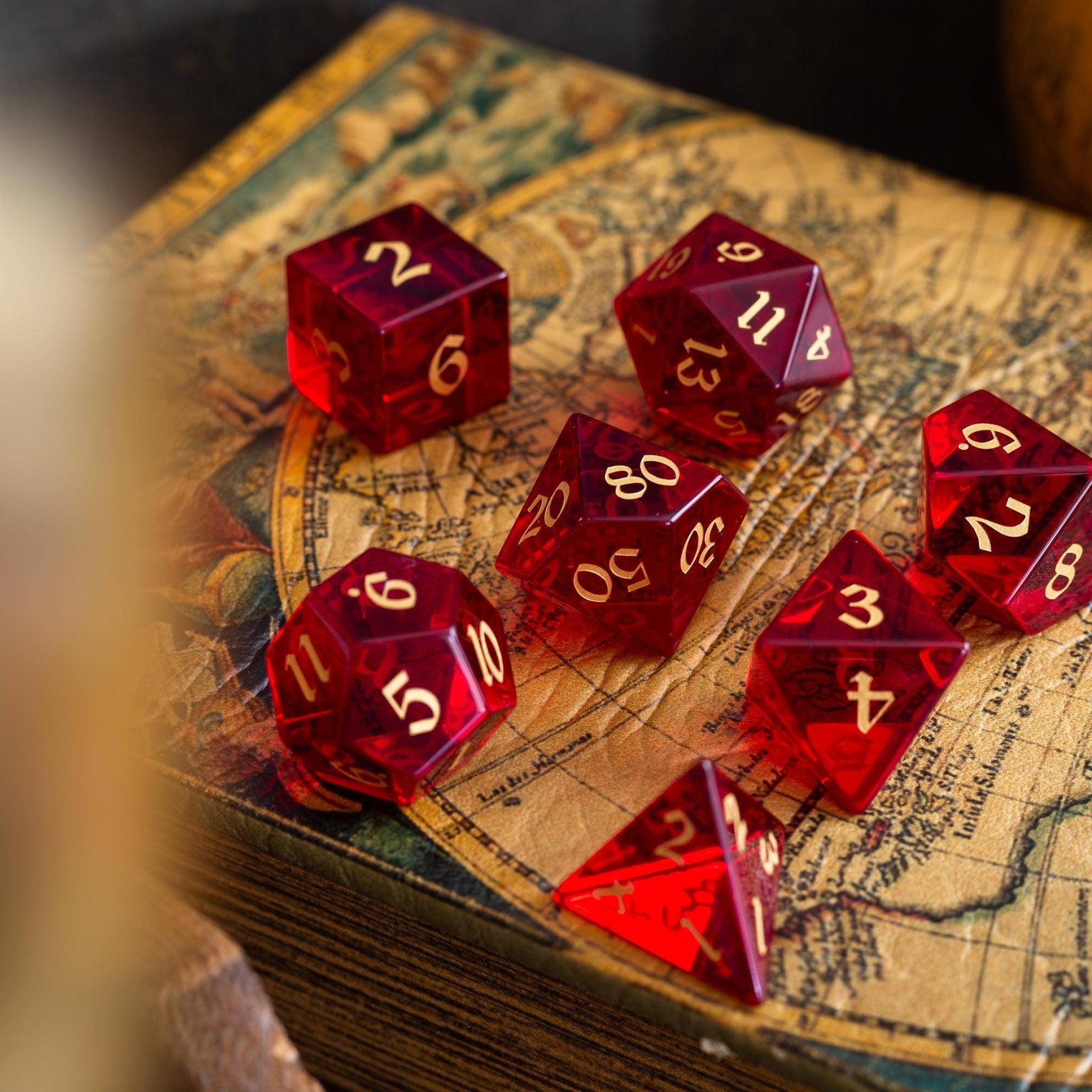 Blood Red Hand Carved Zircon Glass DND Dice Set | Gemstone Dice | Wiccan Center