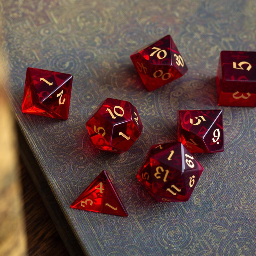 Blood Red Hand Carved Zircon Glass DND Dice Set | Gemstone Dice | Wiccan Center