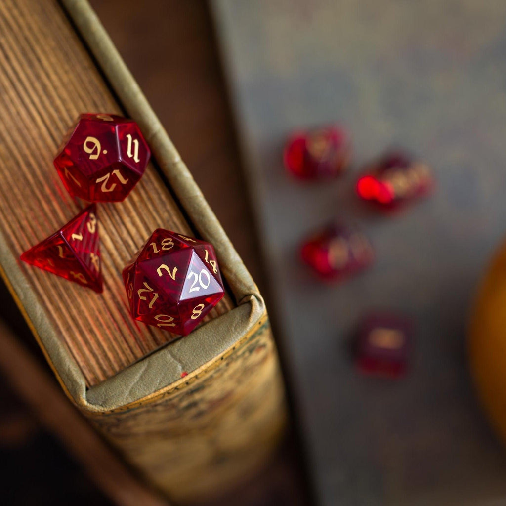 Blood Red Hand Carved Zircon Glass DND Dice Set | Gemstone Dice | Wiccan Center