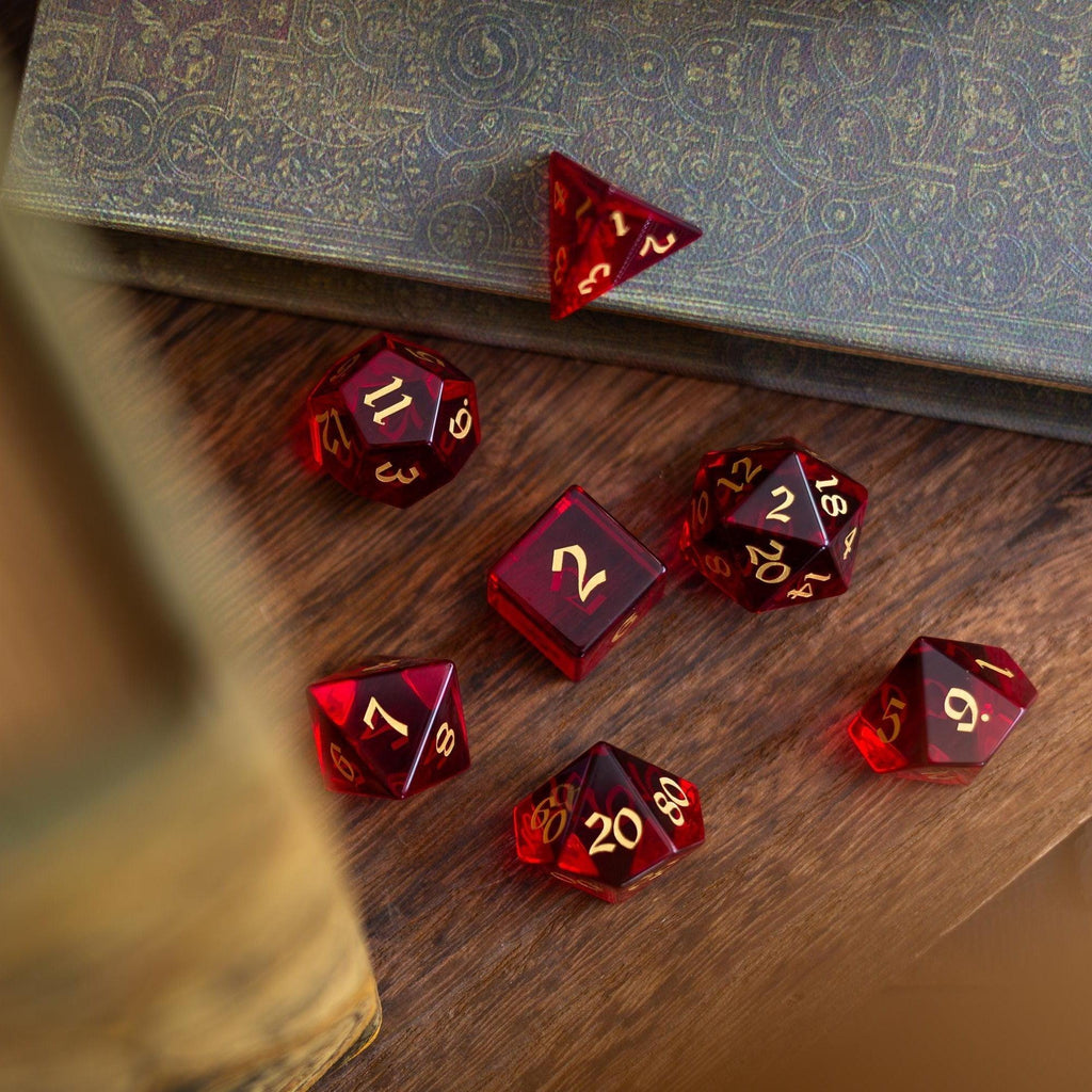 Blood Red Hand Carved Zircon Glass DND Dice Set | Gemstone Dice | Wiccan Center
