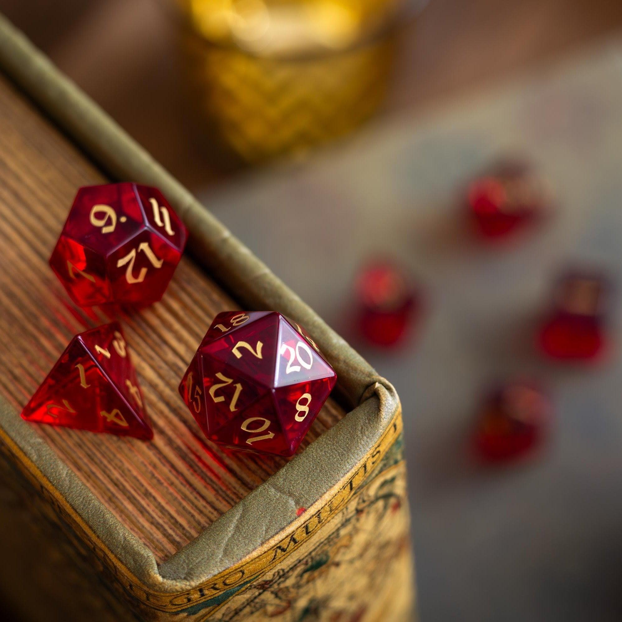 Blood Red Hand Carved Zircon Glass DND Dice Set | Gemstone Dice | Wiccan Center