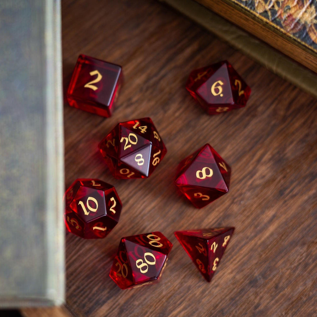 Blood Red Hand Carved Zircon Glass DND Dice Set | Gemstone Dice | Wiccan Center