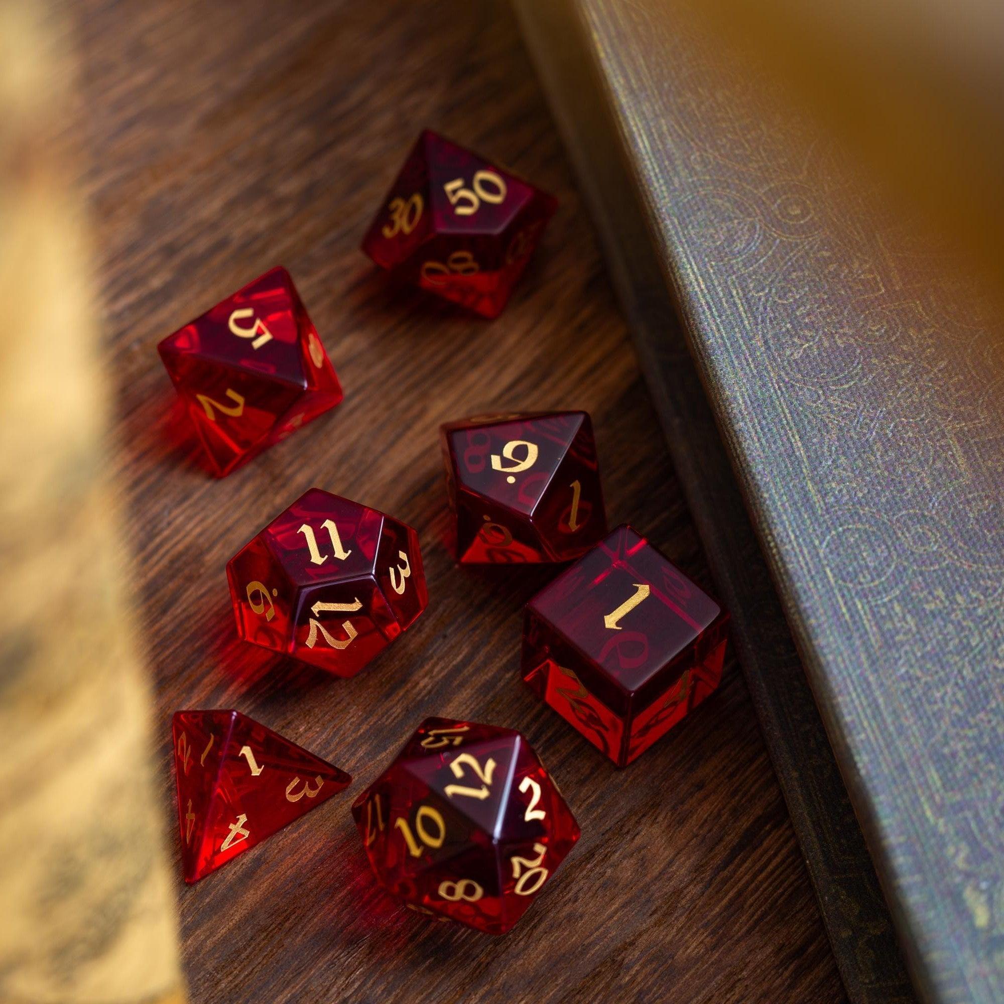 Blood Red Hand Carved Zircon Glass DND Dice Set | Gemstone Dice | Wiccan Center