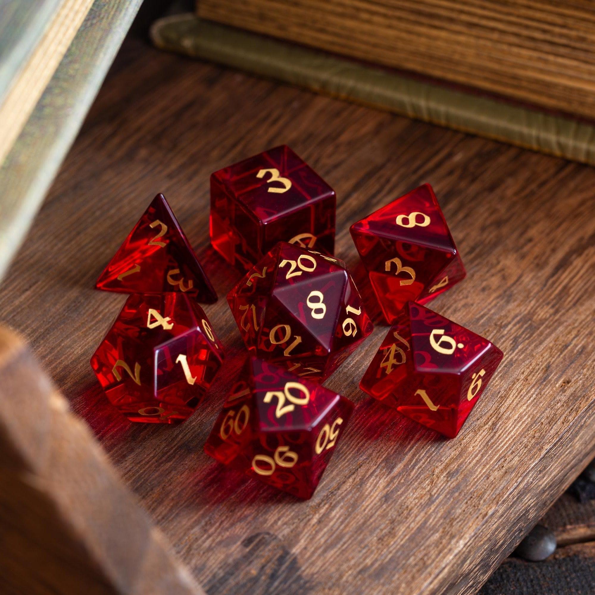 Blood Red Hand Carved Zircon Glass DND Dice Set | Gemstone Dice | Wiccan Center
