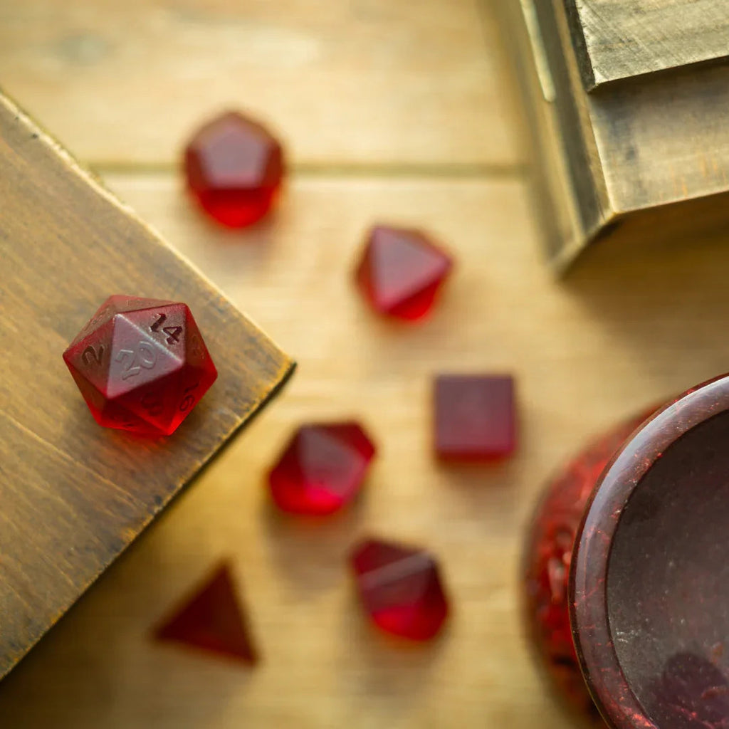 Blood Red Raised Zircon Glass Hand Carved DND Dice Set | Gemstone Dice | Wiccan Center