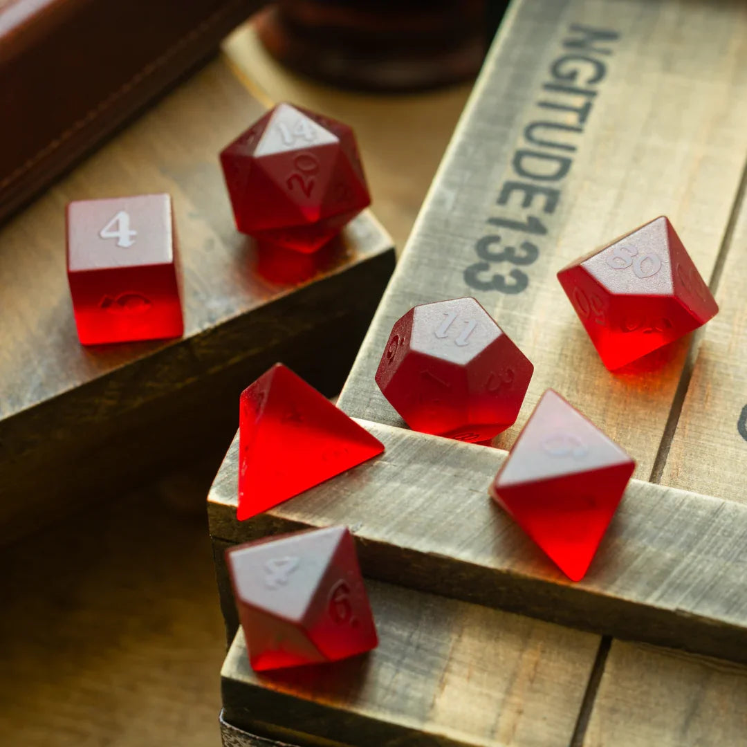 Blood Red Raised Zircon Glass Hand Carved DND Dice Set | Gemstone Dice | Wiccan Center