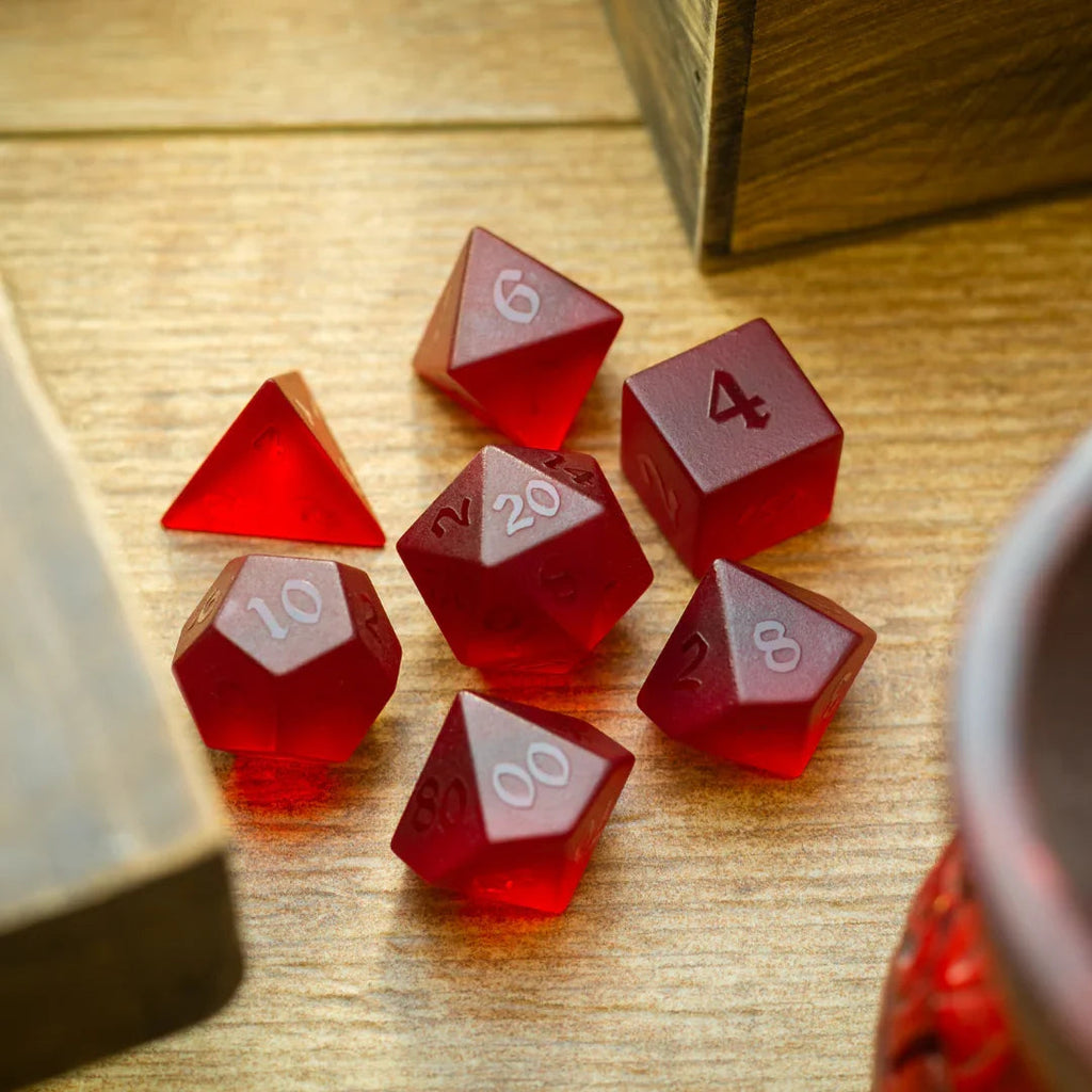 Blood Red Raised Zircon Glass Hand Carved DND Dice Set | Gemstone Dice | Wiccan Center