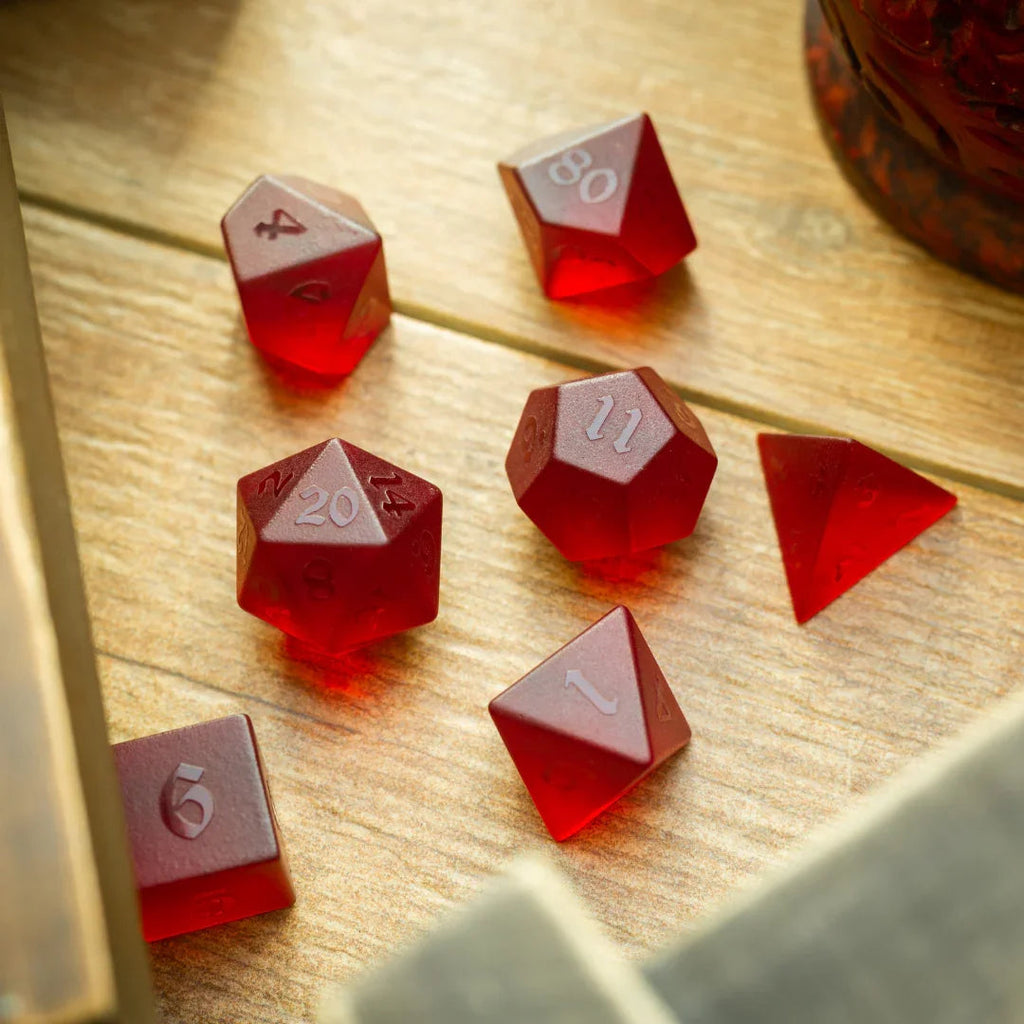 Blood Red Raised Zircon Glass Hand Carved DND Dice Set | Gemstone Dice | Wiccan Center