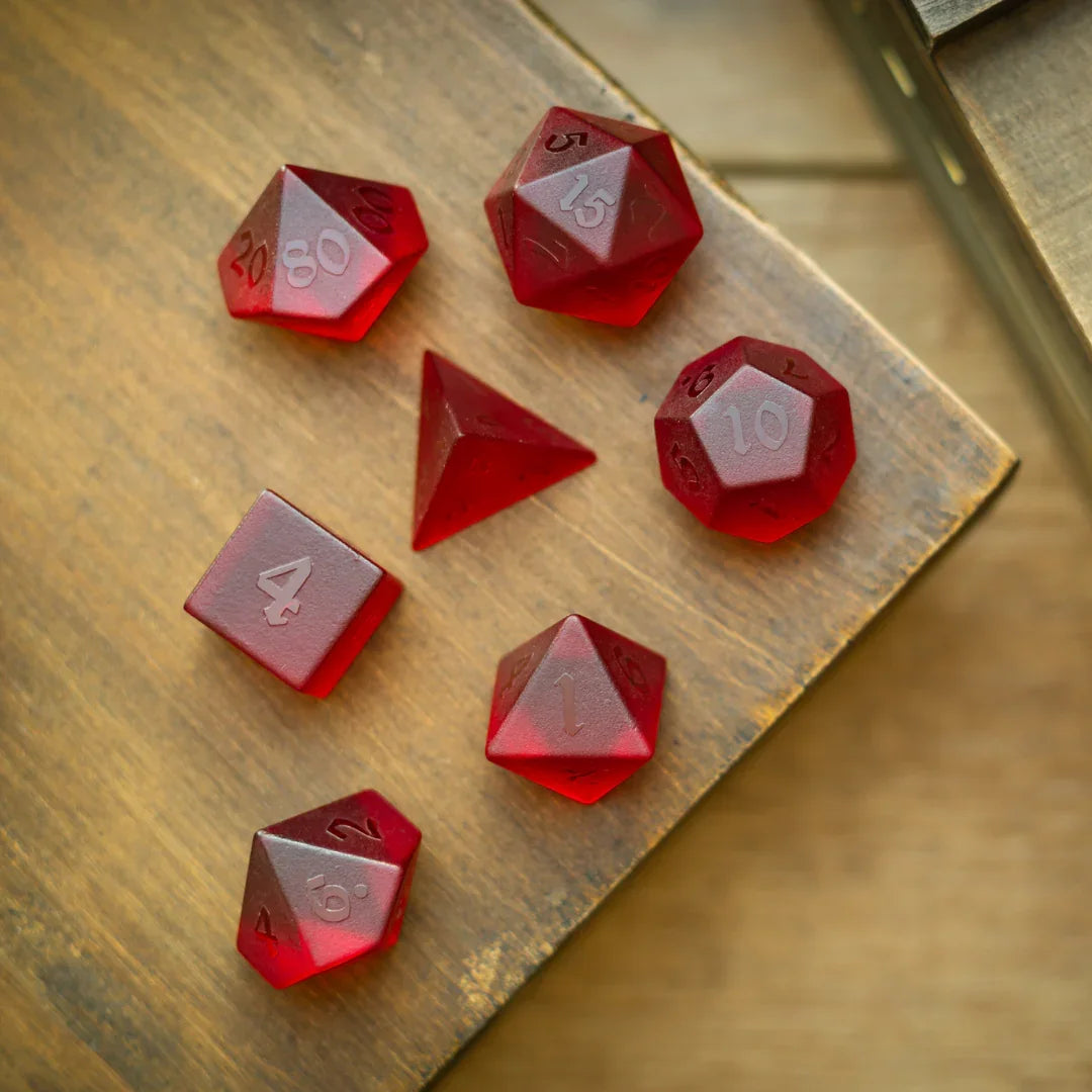 Blood Red Raised Zircon Glass Hand Carved DND Dice Set | Gemstone Dice | Wiccan Center