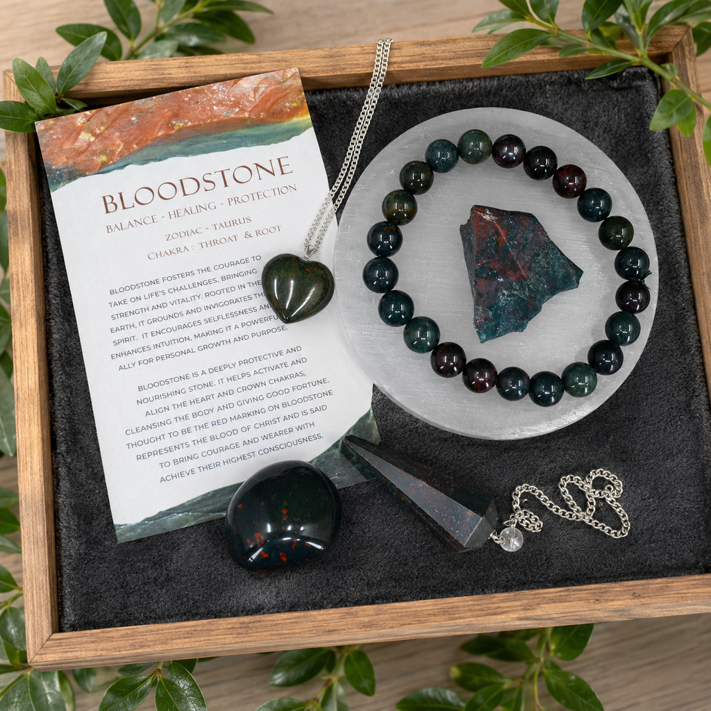 Bloodstone Crystal Gift Set For Emotional Support and Protection, Real Polished Gemstones. | Merkaba & Platonic Solids | Wiccan Center