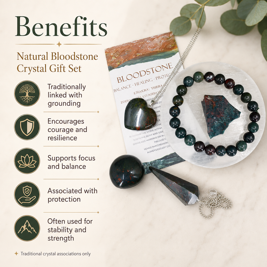 Bloodstone Crystal Gift Set For Emotional Support and Protection, Real Polished Gemstones. | Merkaba & Platonic Solids | Wiccan Center