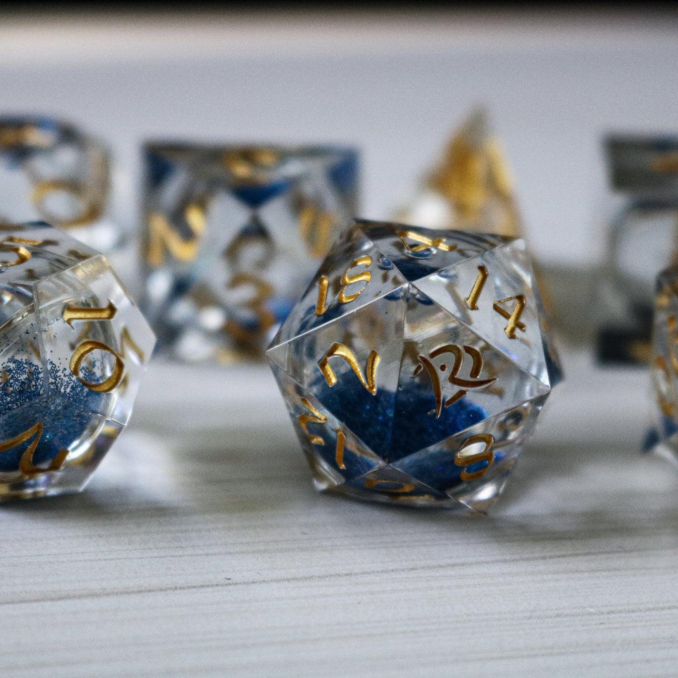 Blue Glitter Liquid Core Handmade Sharp Edge Resin DND Dice Set | Liquid Core Dice | Wiccan Center