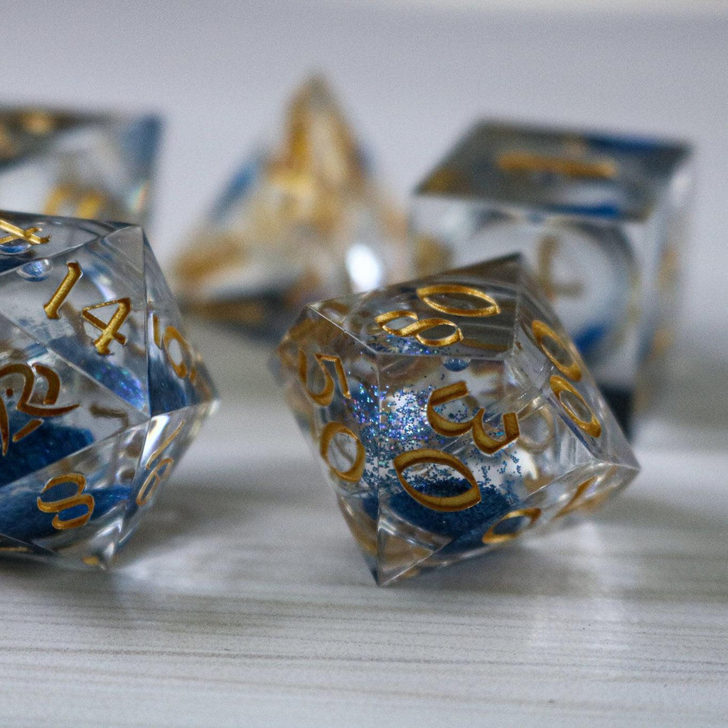 Blue Glitter Liquid Core Handmade Sharp Edge Resin DND Dice Set | Liquid Core Dice | Wiccan Center