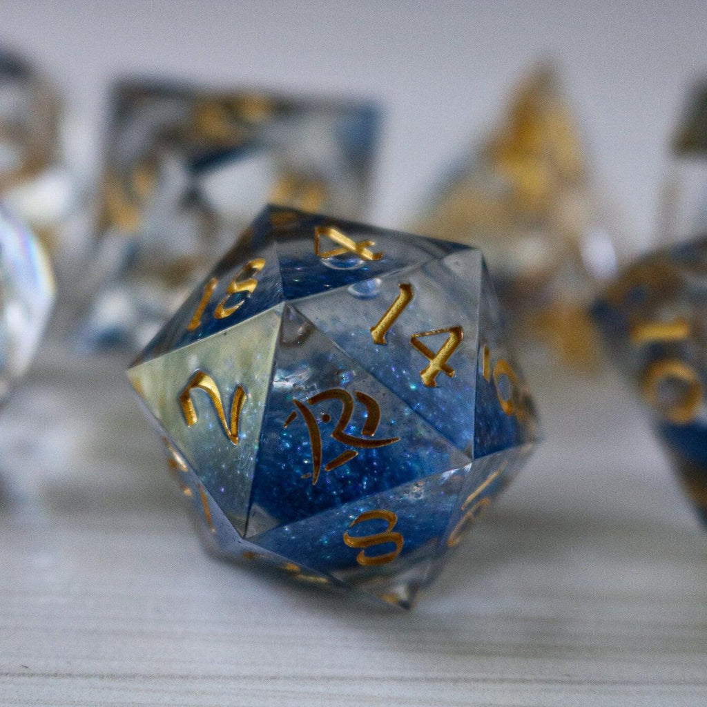 Blue Glitter Liquid Core Handmade Sharp Edge Resin DND Dice Set | Liquid Core Dice | Wiccan Center