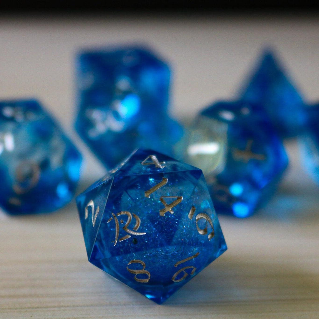 Blue Glitter Liquid Core Sharp Edge Handmade Resin DND Dice Set | Liquid Core Dice | Wiccan Center