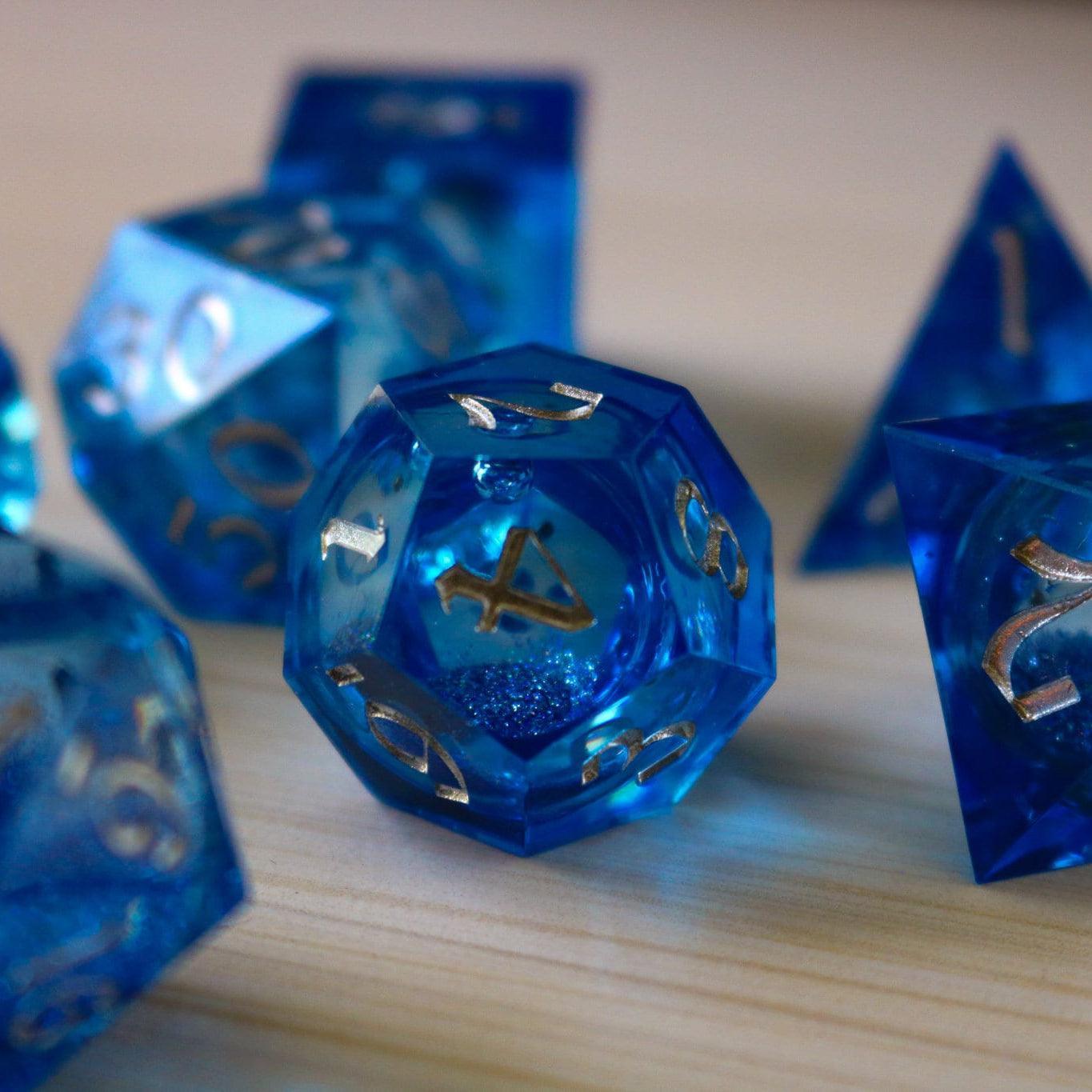 Blue Glitter Liquid Core Sharp Edge Handmade Resin DND Dice Set | Liquid Core Dice | Wiccan Center