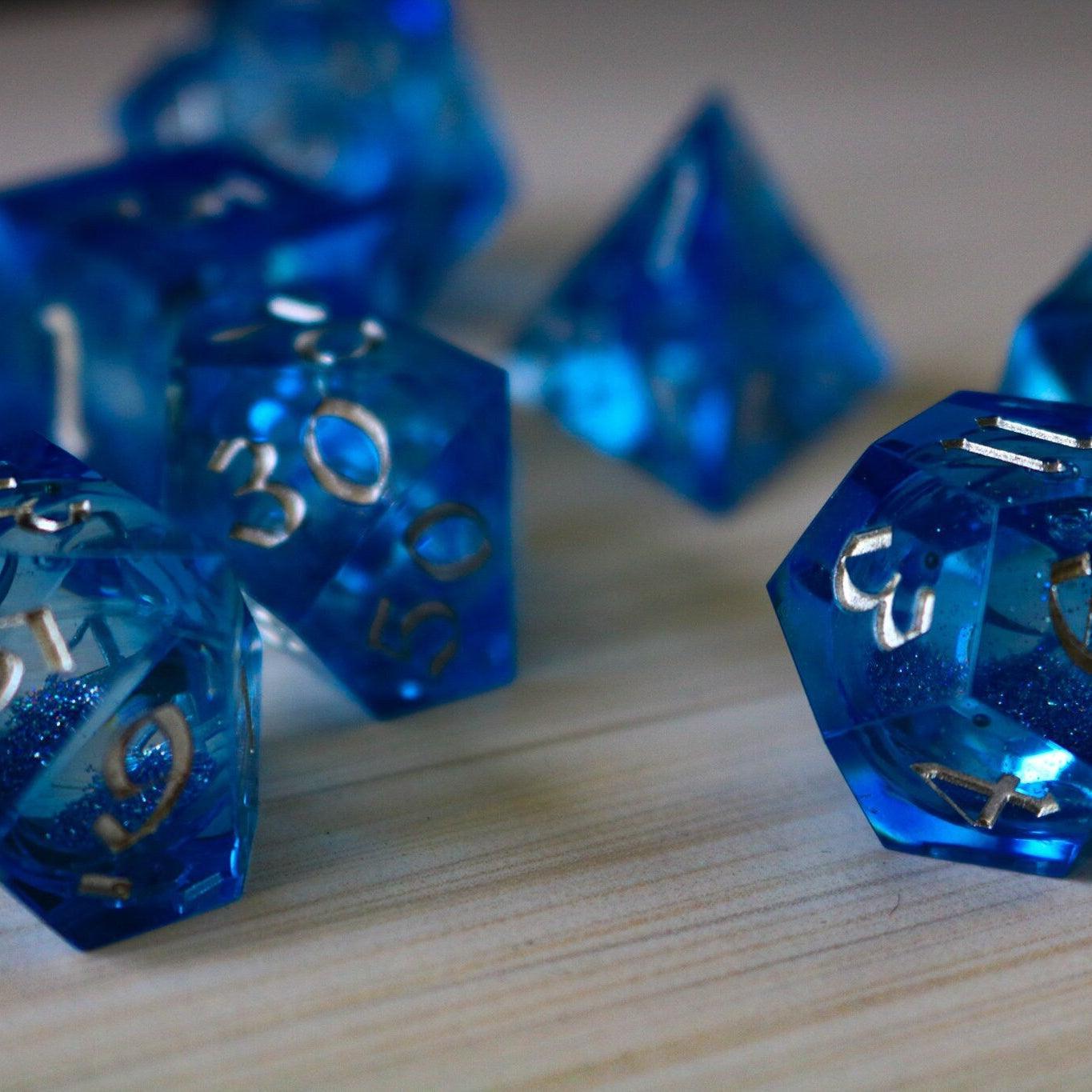 Blue Glitter Liquid Core Sharp Edge Handmade Resin DND Dice Set | Liquid Core Dice | Wiccan Center