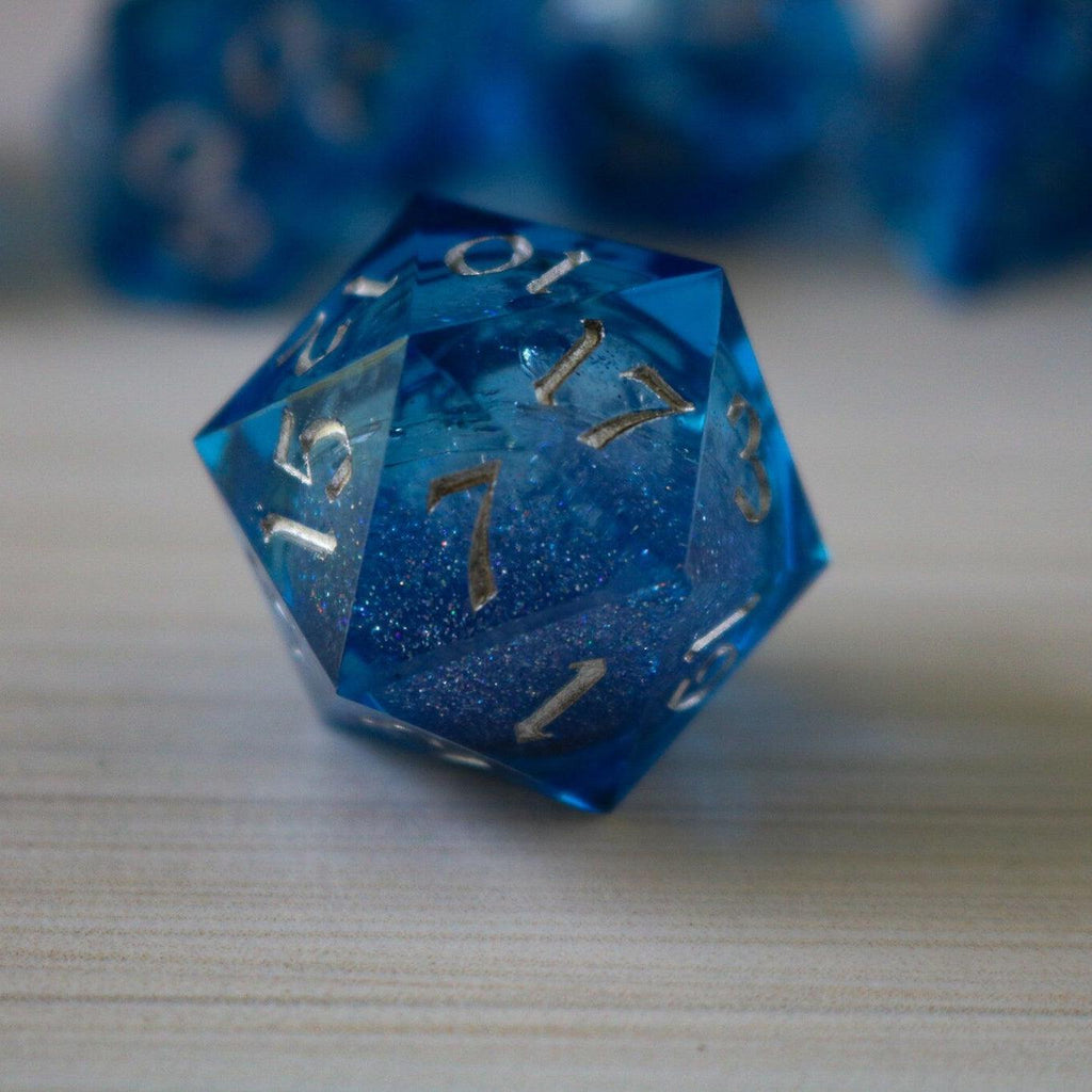 Blue Glitter Liquid Core Sharp Edge Handmade Resin DND Dice Set | Liquid Core Dice | Wiccan Center