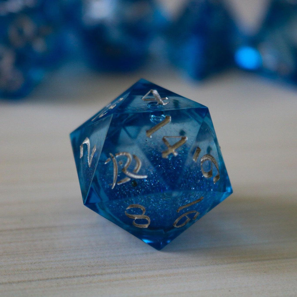 Blue Glitter Liquid Core Sharp Edge Handmade Resin DND Dice Set | Liquid Core Dice | Wiccan Center