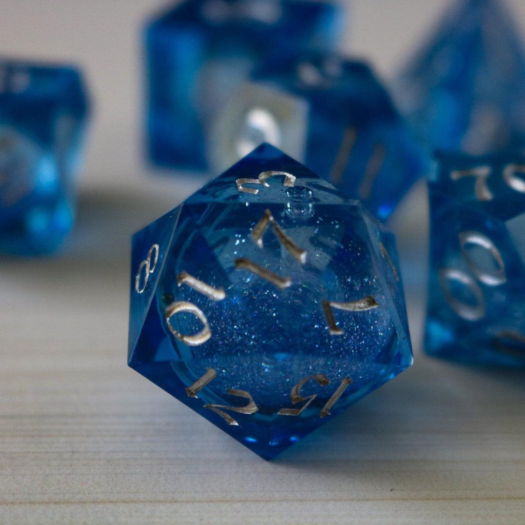 Blue Glitter Liquid Core Sharp Edge Handmade Resin DND Dice Set | Liquid Core Dice | Wiccan Center