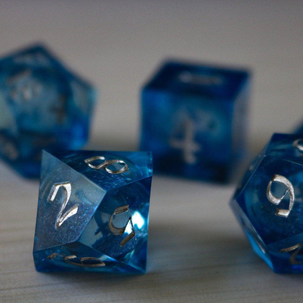 Blue Glitter Liquid Core Sharp Edge Handmade Resin DND Dice Set | Liquid Core Dice | Wiccan Center
