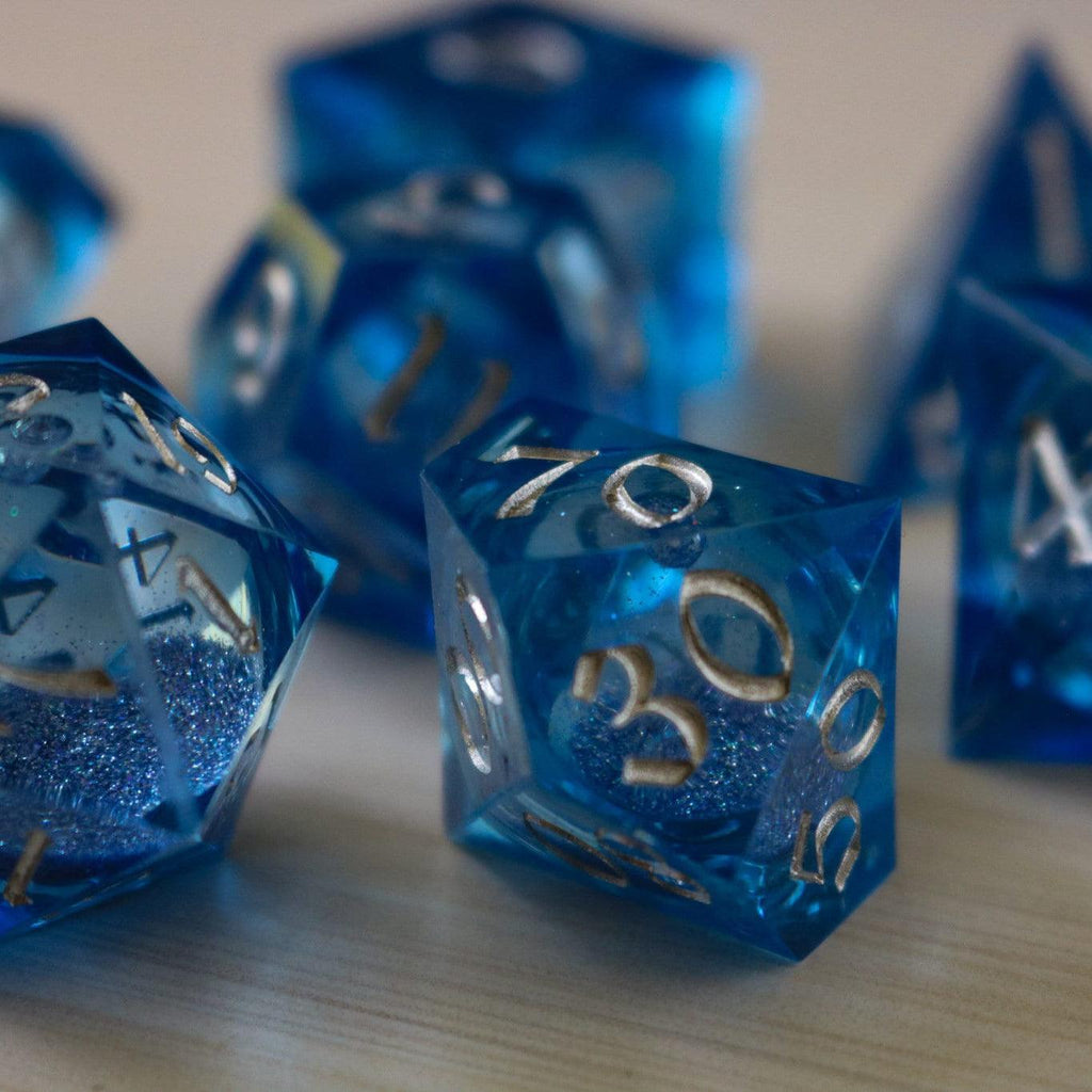 Blue Glitter Liquid Core Sharp Edge Handmade Resin DND Dice Set | Liquid Core Dice | Wiccan Center