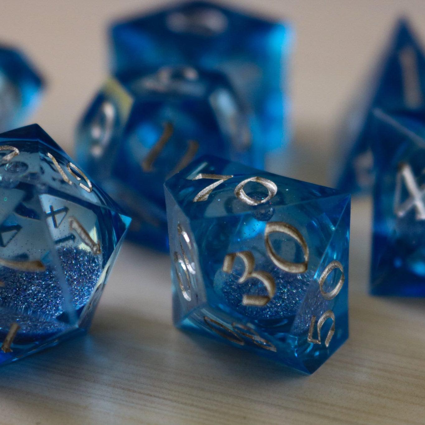 Blue Glitter Liquid Core Sharp Edge Handmade Resin DND Dice Set | Liquid Core Dice | Wiccan Center