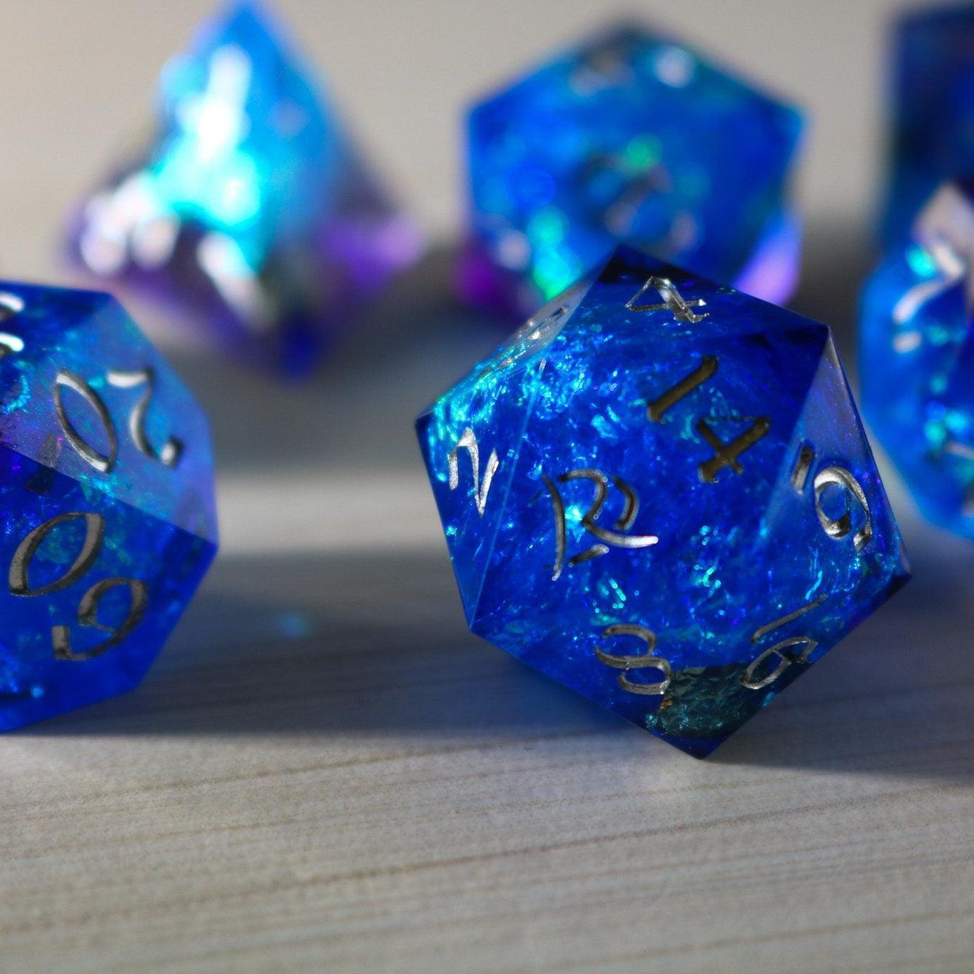 Blue Handmade Sharp Edge Resin DND Dice Set | Resin Dice | Wiccan Center