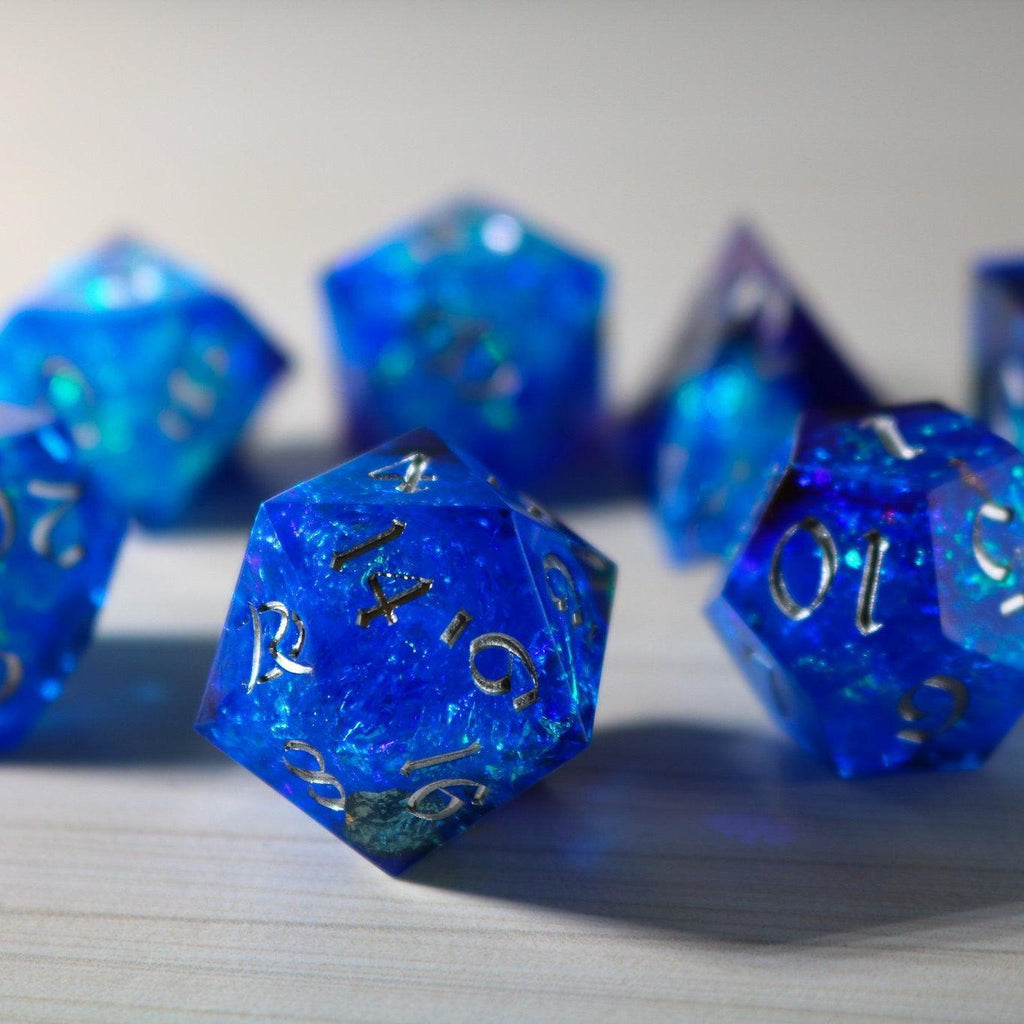 Blue Handmade Sharp Edge Resin DND Dice Set | Resin Dice | Wiccan Center