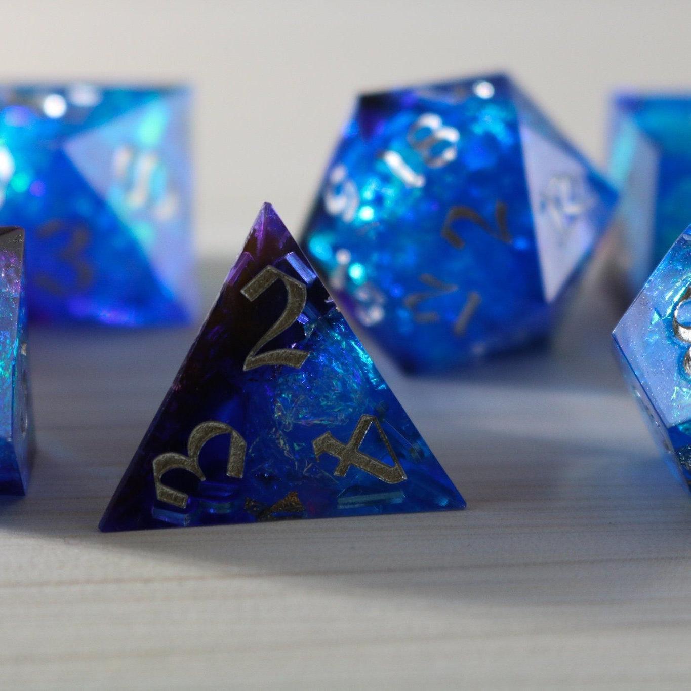 Blue Handmade Sharp Edge Resin DND Dice Set | Resin Dice | Wiccan Center