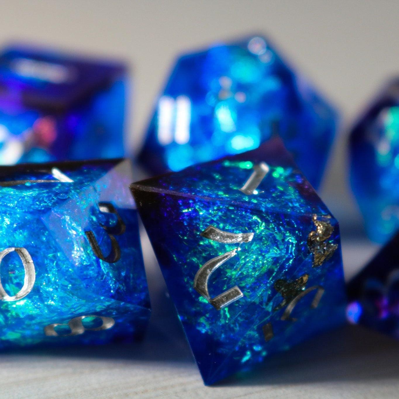 Blue Handmade Sharp Edge Resin DND Dice Set | Resin Dice | Wiccan Center