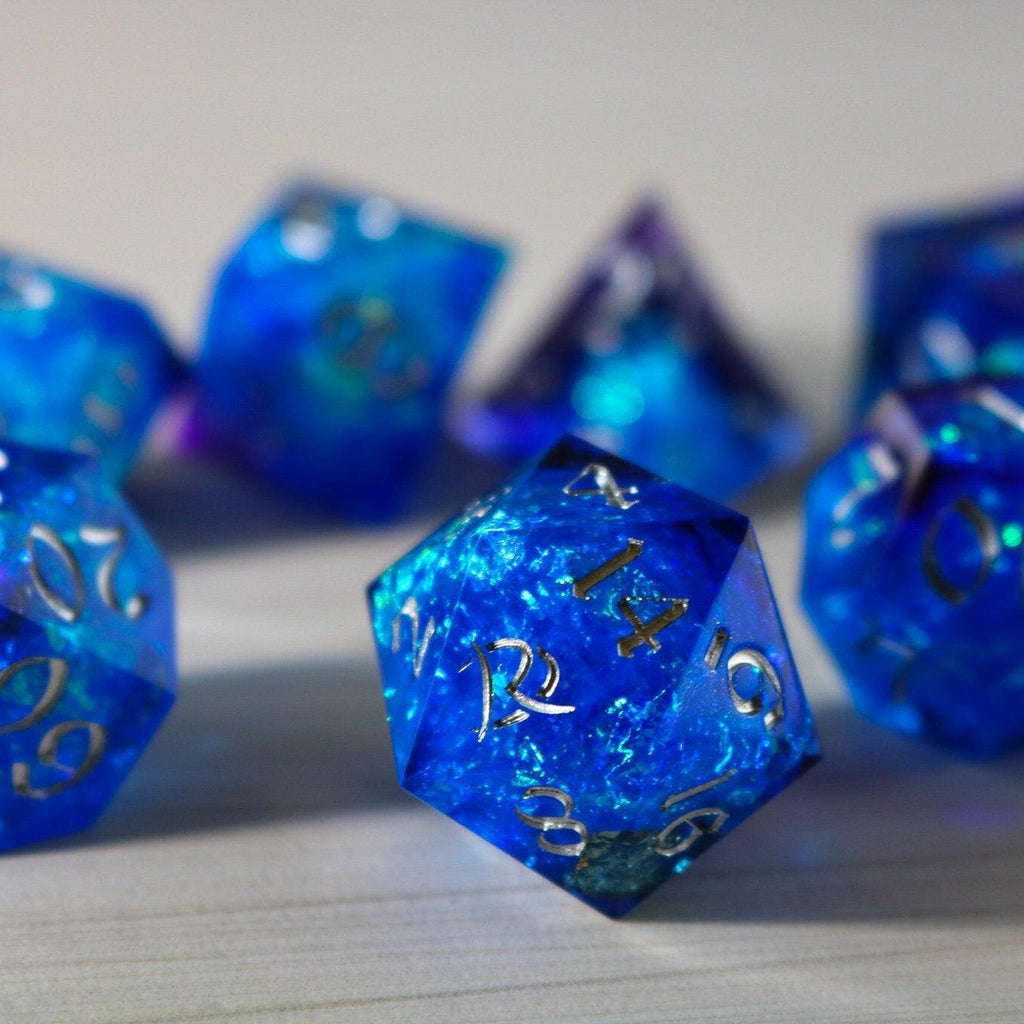 Blue Handmade Sharp Edge Resin DND Dice Set | Resin Dice | Wiccan Center