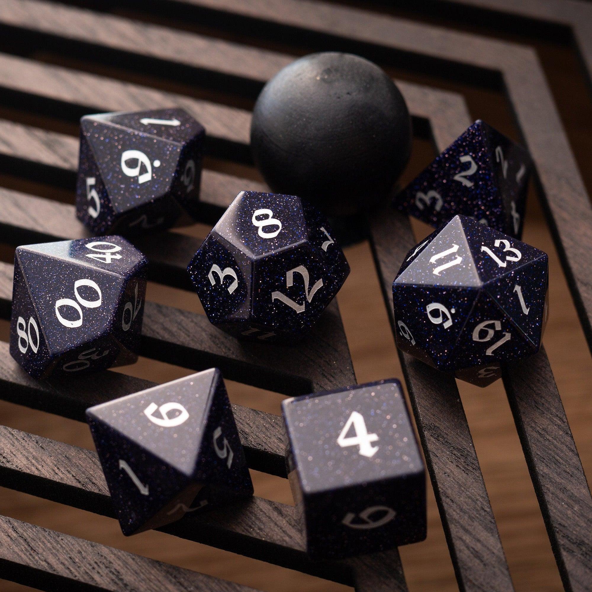 Blue Sandstone Silver Font Gemstone DND Dice Set | Gemstone Dice | Wiccan Center