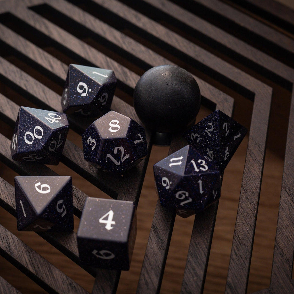 Blue Sandstone Silver Font Gemstone DND Dice Set | Gemstone Dice | Wiccan Center
