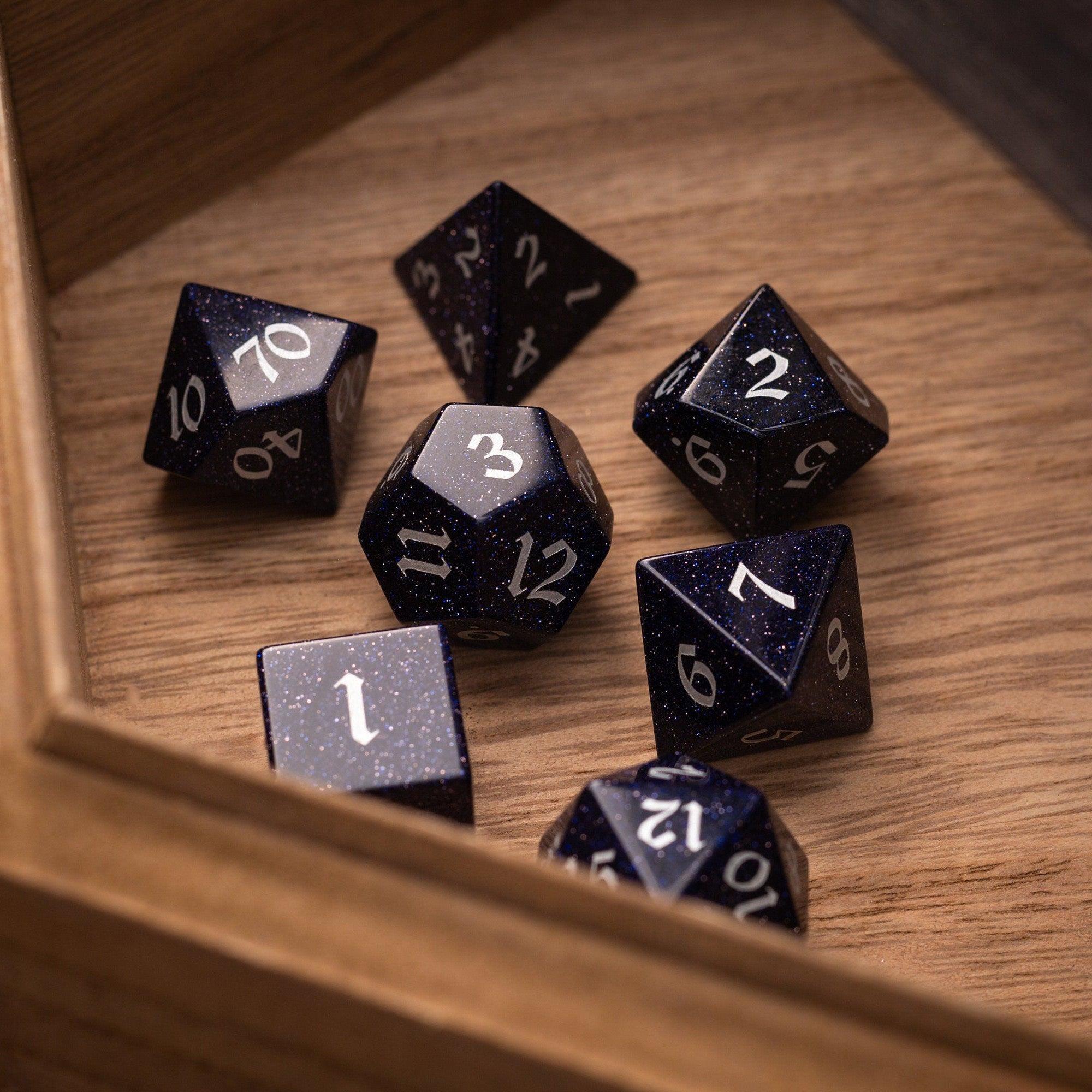 Blue Sandstone Silver Font Gemstone DND Dice Set | Gemstone Dice | Wiccan Center