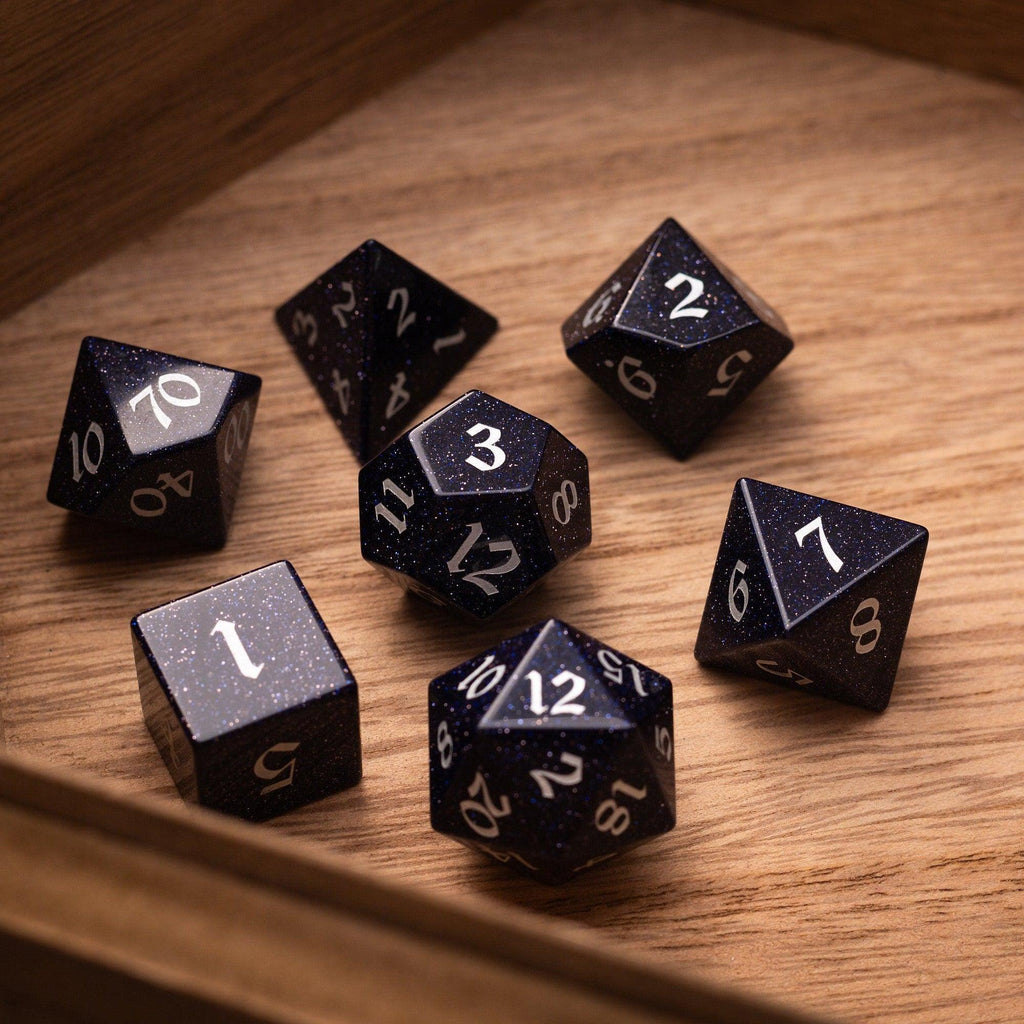 Blue Sandstone Silver Font Gemstone DND Dice Set | Gemstone Dice | Wiccan Center