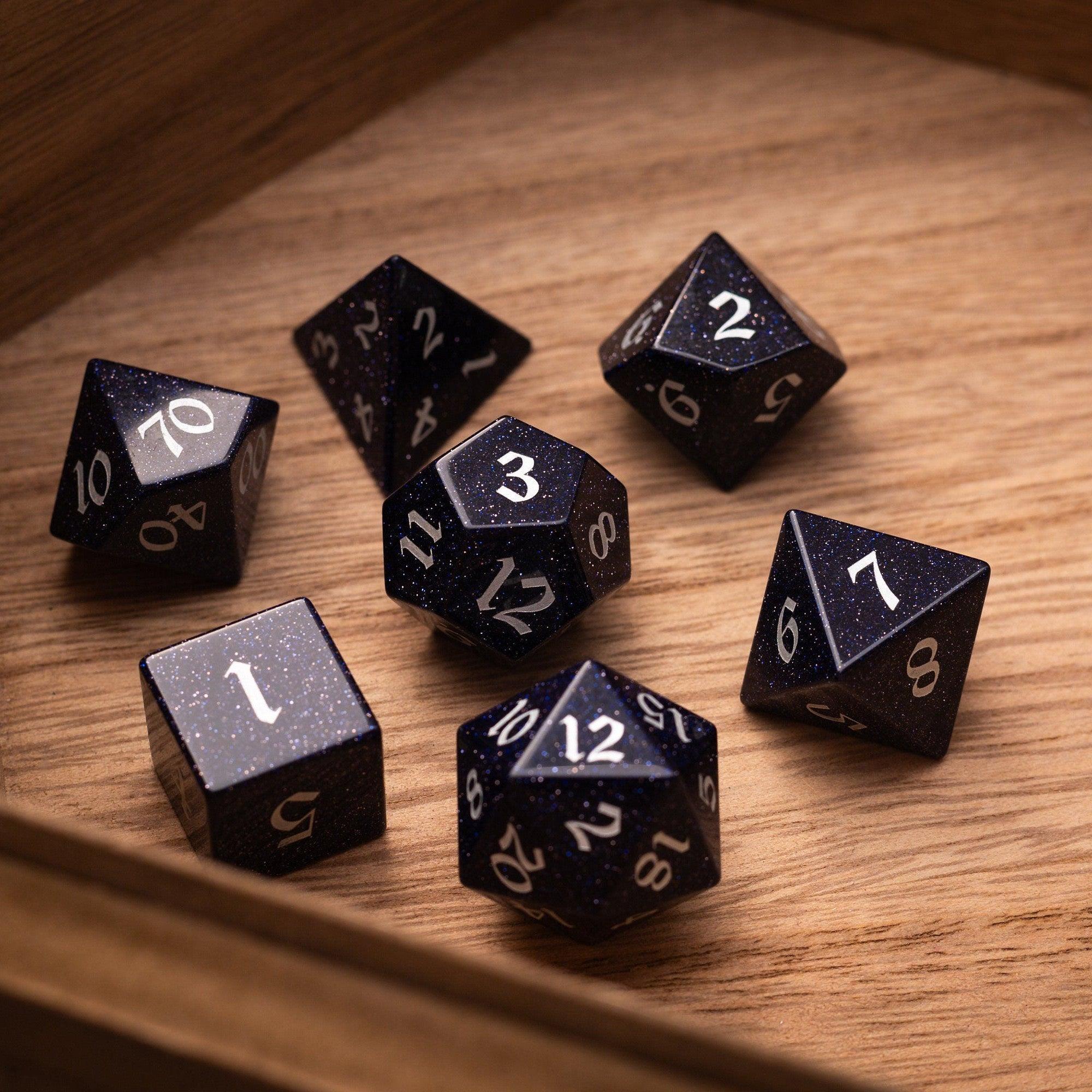 Blue Sandstone Silver Font Gemstone DND Dice Set | Gemstone Dice | Wiccan Center