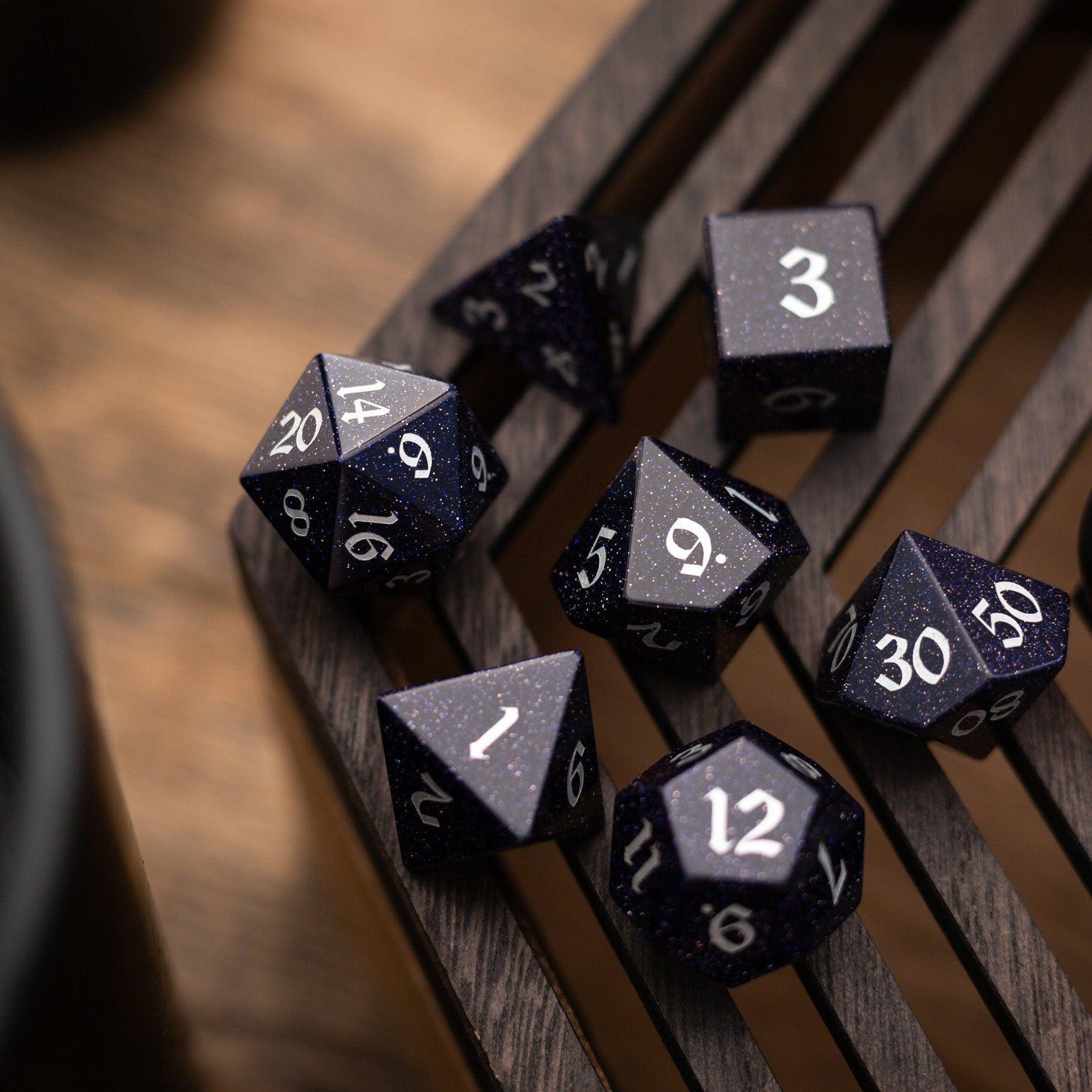 Blue Sandstone Silver Font Gemstone DND Dice Set | Gemstone Dice | Wiccan Center