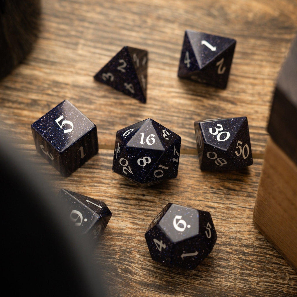 Blue Sandstone Silver Font Gemstone DND Dice Set | Gemstone Dice | Wiccan Center