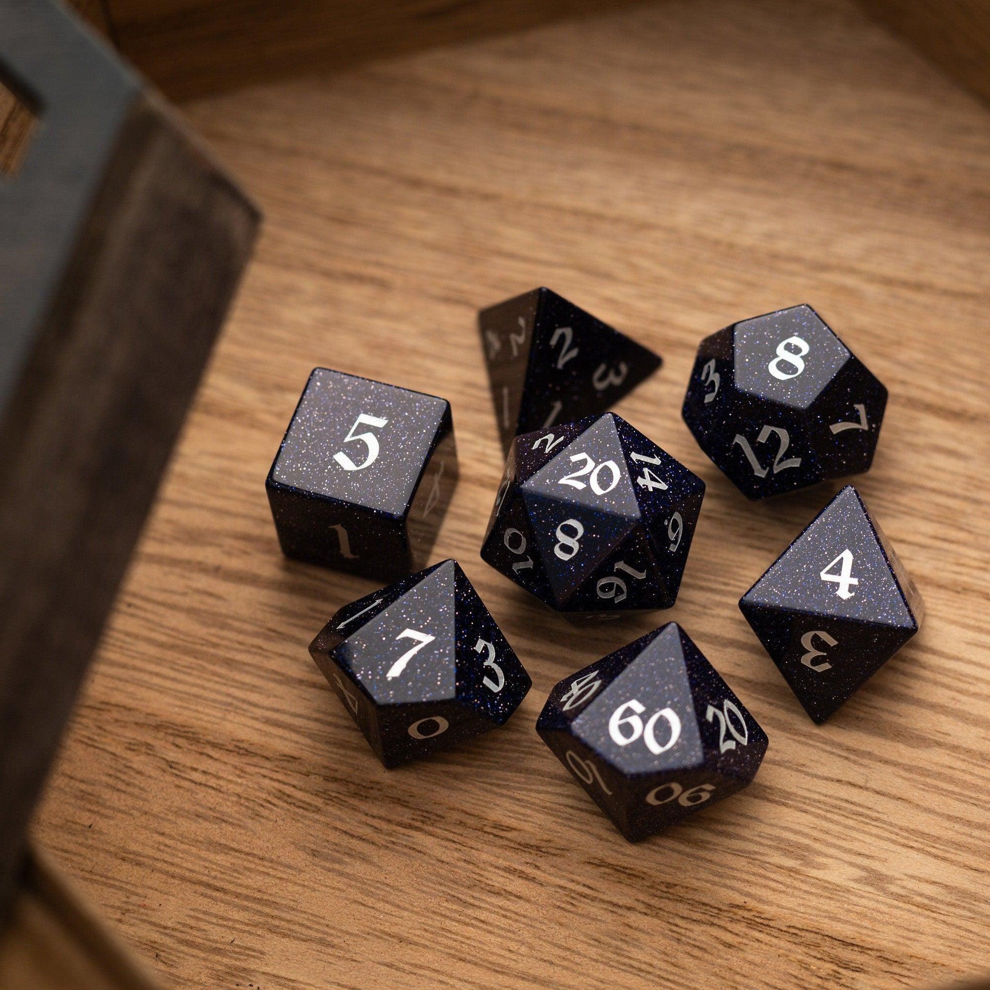 Blue Sandstone Silver Font Gemstone DND Dice Set | Gemstone Dice | Wiccan Center