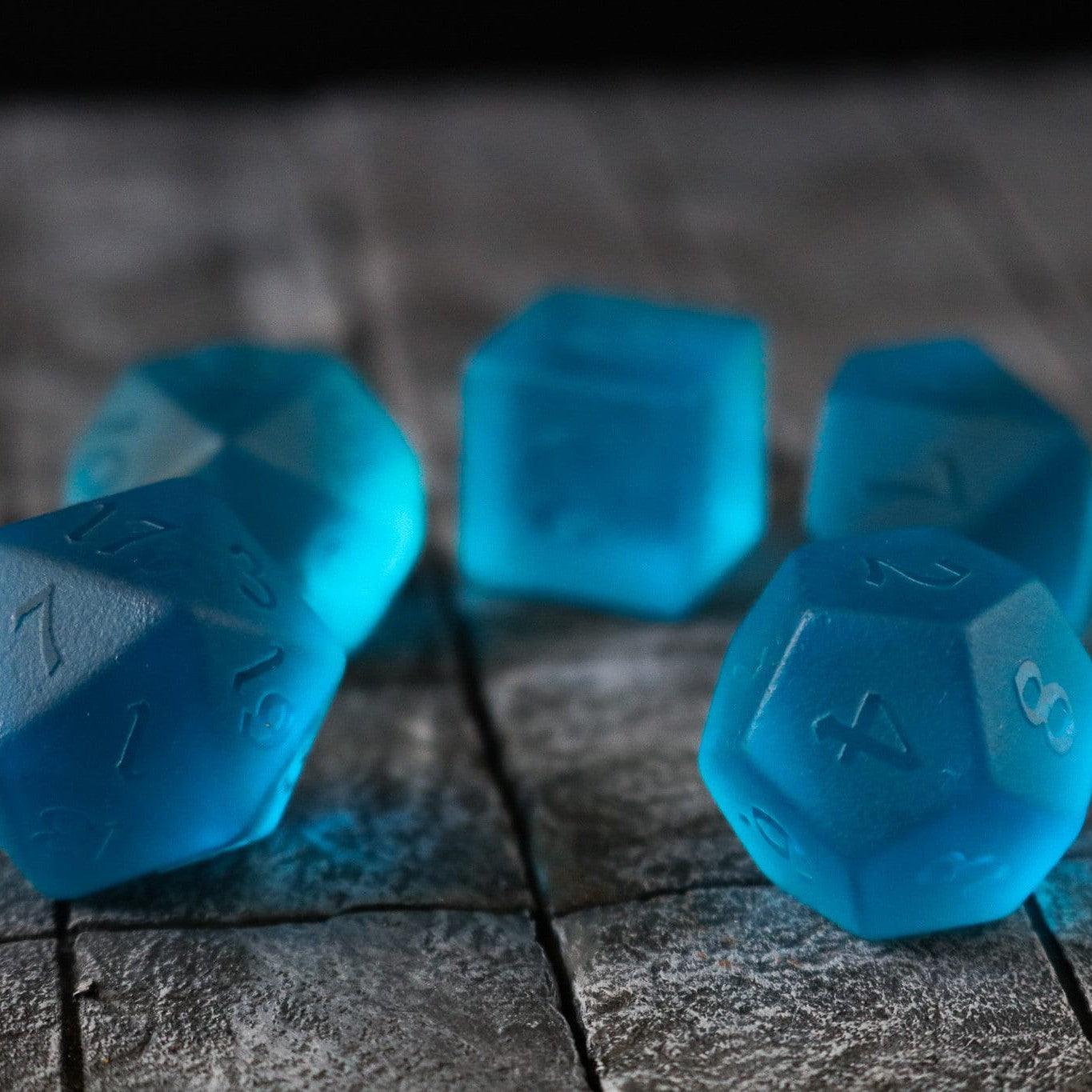 Blue Zircon Hand Carved Glass DND Dice Set | Gemstone Dice | Wiccan Center