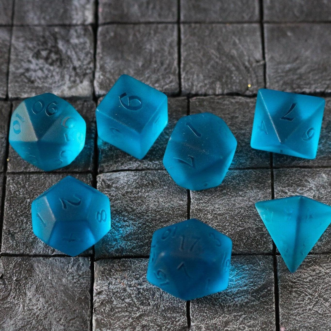 Blue Zircon Hand Carved Glass DND Dice Set | Gemstone Dice | Wiccan Center