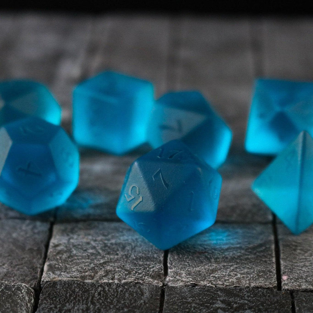 Blue Zircon Hand Carved Glass DND Dice Set | Gemstone Dice | Wiccan Center