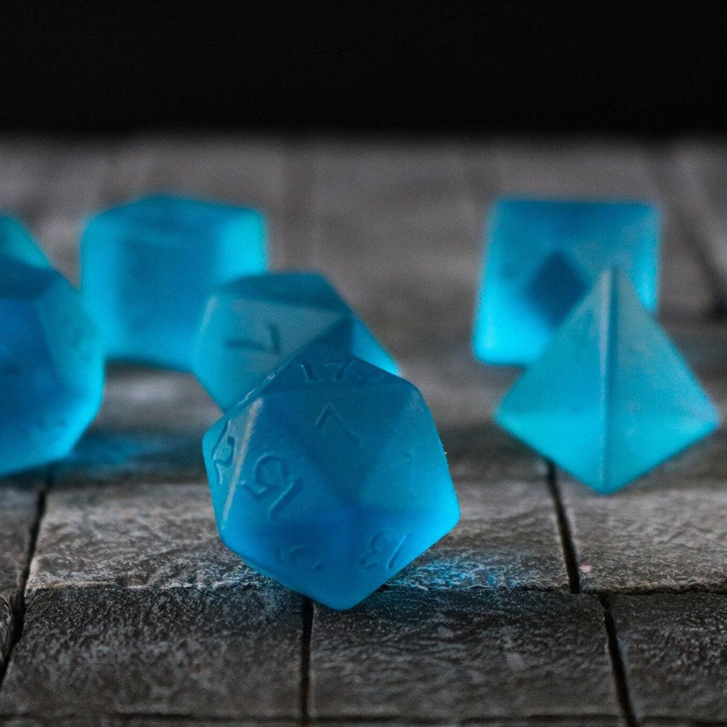 Blue Zircon Hand Carved Glass DND Dice Set | Gemstone Dice | Wiccan Center