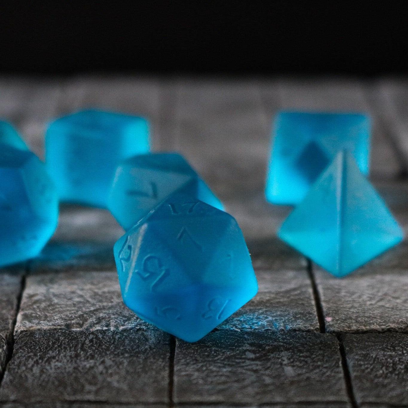 Blue Zircon Hand Carved Glass DND Dice Set | Gemstone Dice | Wiccan Center