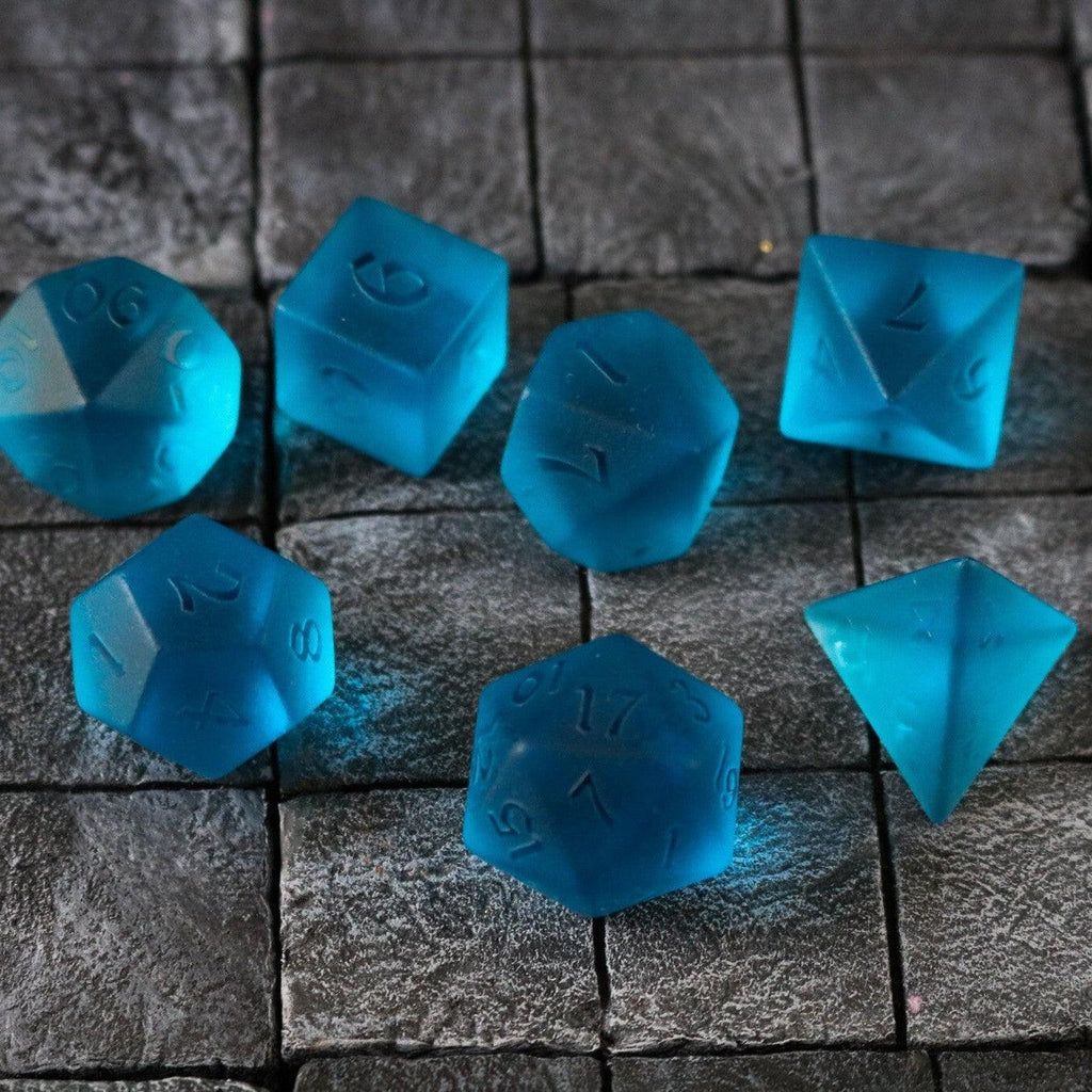 Blue Zircon Hand Carved Glass DND Dice Set | Gemstone Dice | Wiccan Center